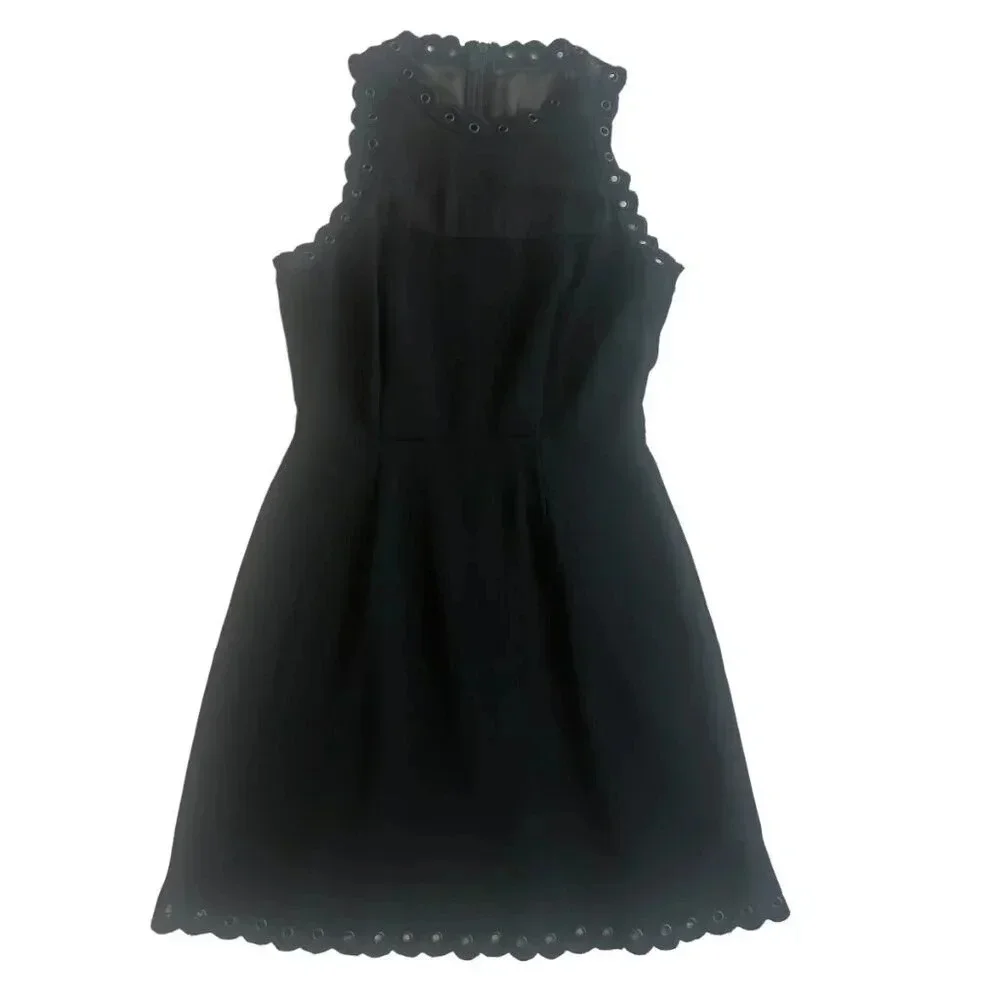 Sam Edelman Black A-Line Dress LBD Party Sheer Top Grommet Trim Size 2 Women's